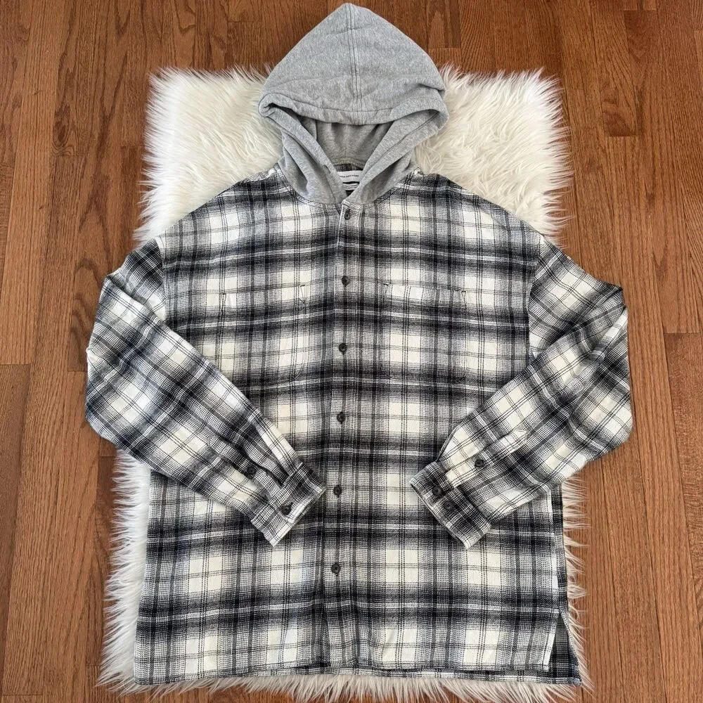 Urban Outfitters Mens Large Hooded Plaid Flannel Outdoor Black White Preppy Fall